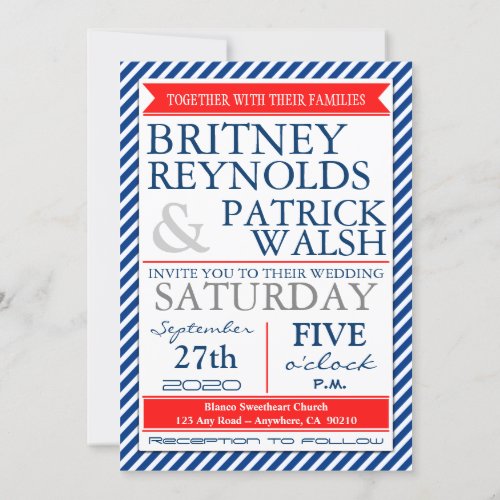 Navy Blue White Red Nautical Wedding Invitations