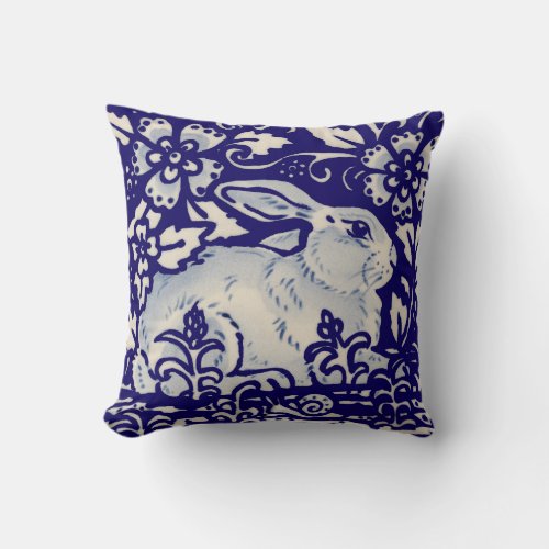 Navy Blue White Resting Rabbit Hare Chinoiserie Throw Pillow