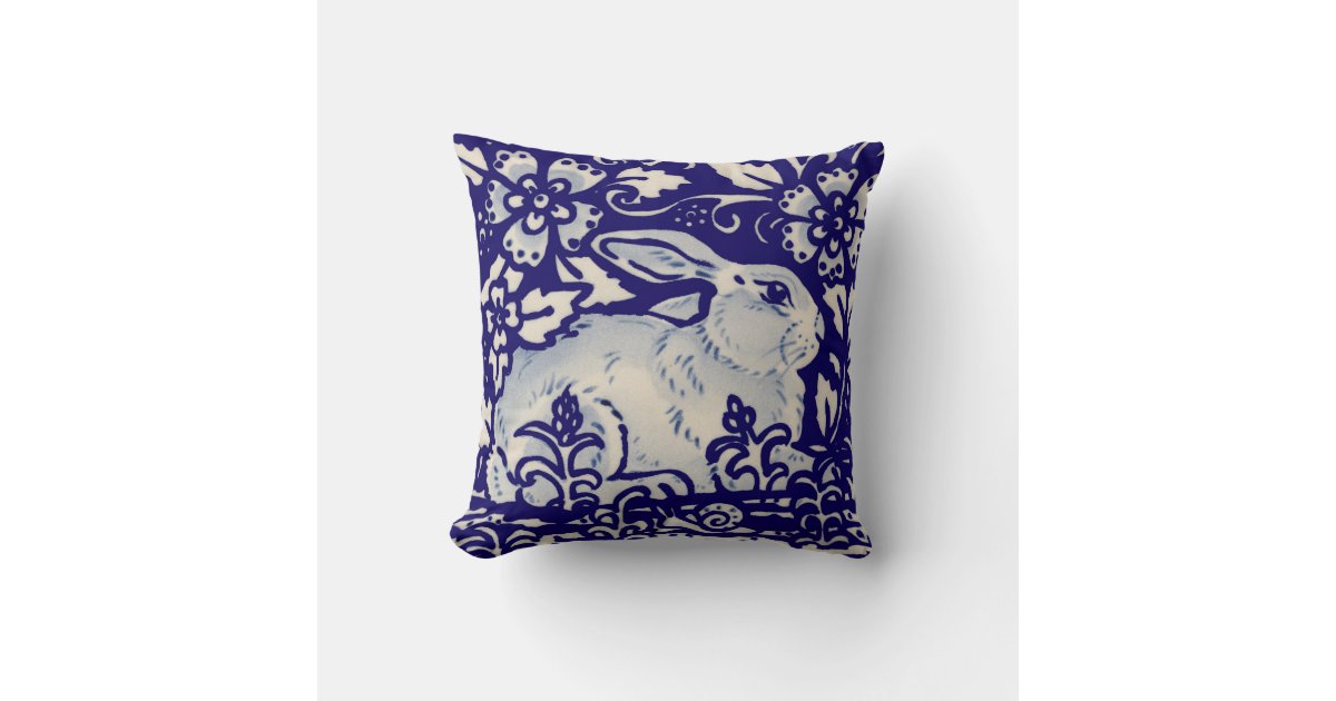 Navy Blue White Resting Rabbit Hare Chinoiserie Throw Pillow | Zazzle