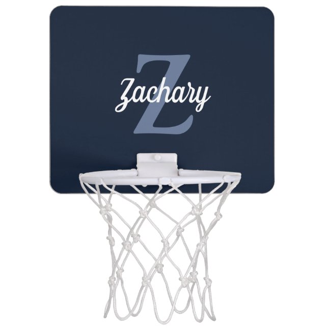 Navy Blue White Retro Monogram Personalized Mini Basketball Hoop (Front)