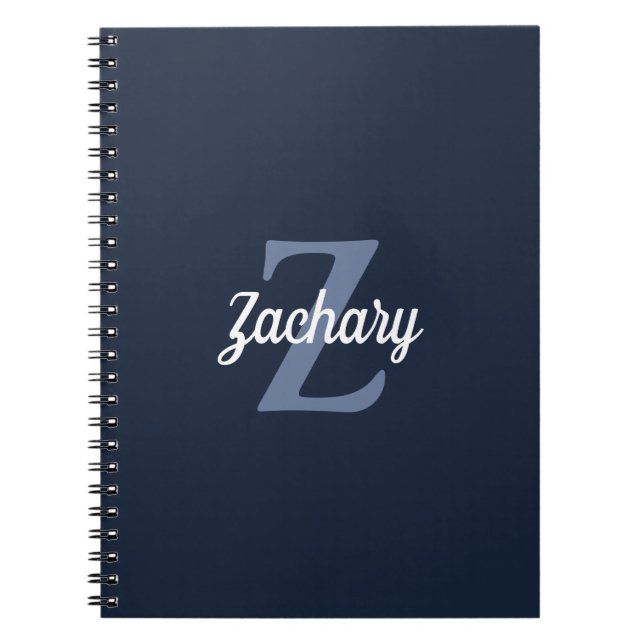 Navy Blue White Retro Monogram Personalized Notebook (Front)