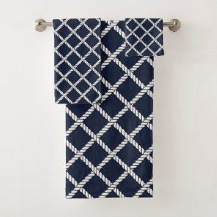 NAVY BLUE & WHITE ROPE KNOTS PATTERN BATH TOWEL SET