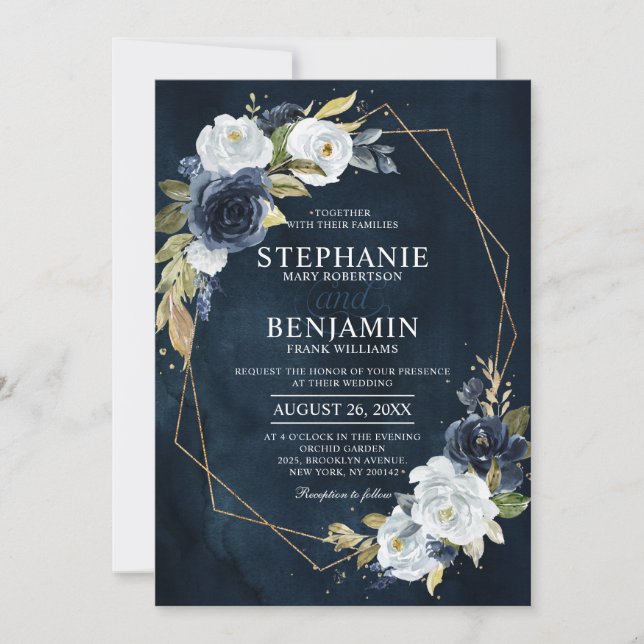 Navy Blue White Rose Boho Geometric Wedding Invitation (Front)