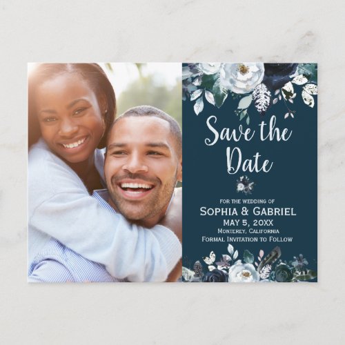 Navy Blue White Rose Floral Wedding Save the Date Announcement Postcard