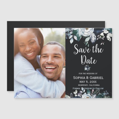 Navy Blue White Rose Floral Wedding Save the Date Magnetic Invitation
