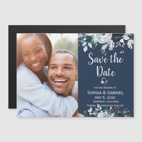 Navy Blue White Rose Floral Wedding Save the Date Magnetic Invitation