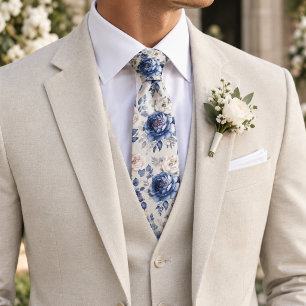 Navy Blue & White Rose Neck Tie