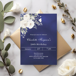 Navy blue white roses birthday invitation