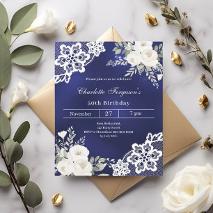 Navy blue white roses lace birthday invitation