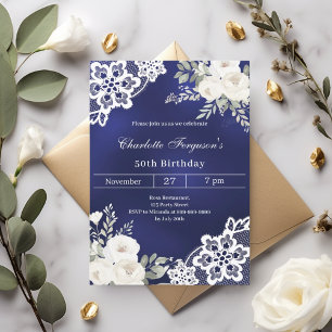 Navy blue white roses lace birthday invitation