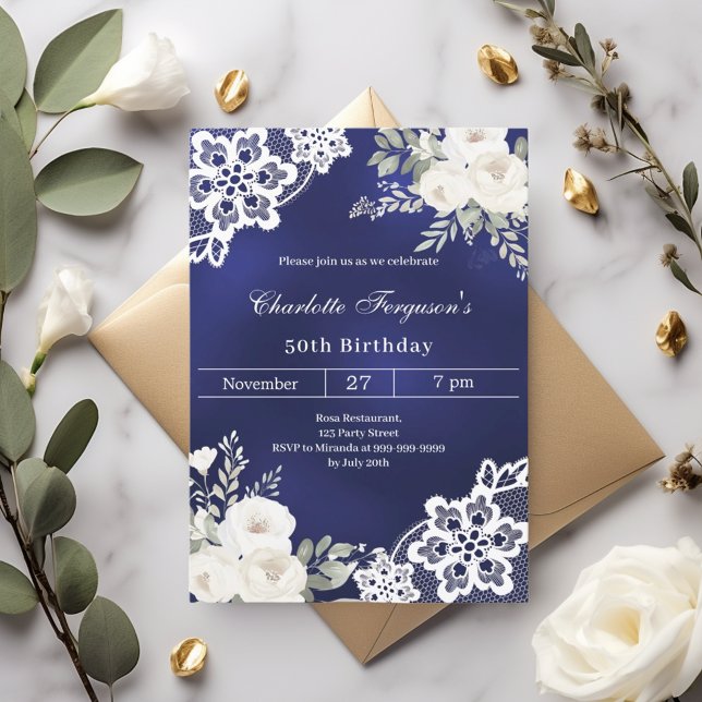 Navy blue white roses lace birthday invitation (Creator Uploaded)