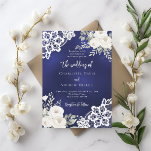 Navy blue white roses lace wedding invitation