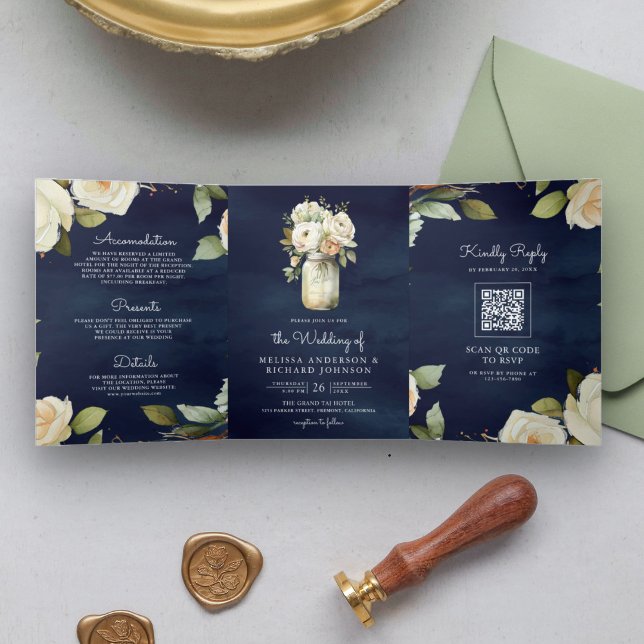 Navy Blue White Roses Mason Jar QR Code Wedding Tri-Fold Invitation (Creator Uploaded)