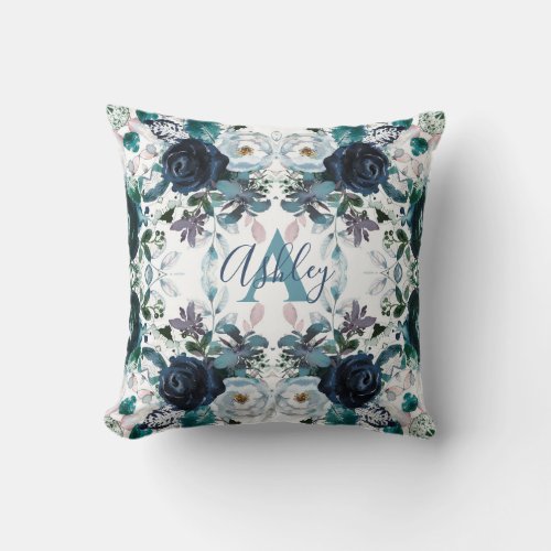 Navy Blue  White Roses Winter Floral Watercolor Throw Pillow