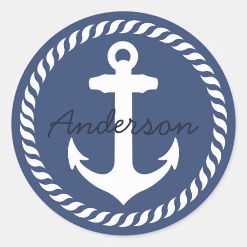 Navy Blue White Round Nautical Rope Anchor Classic Round Sticker