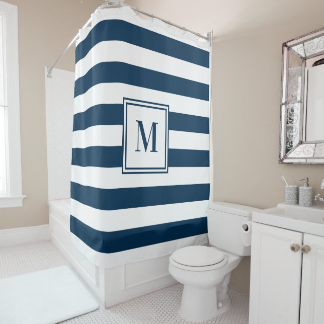 Navy Blue White Rugby Stripes Monogram Bathroom Shower Curtain (In Situ)
