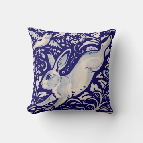 Navy Blue White Running Rabbit Hare Chinoiserie Throw Pillow