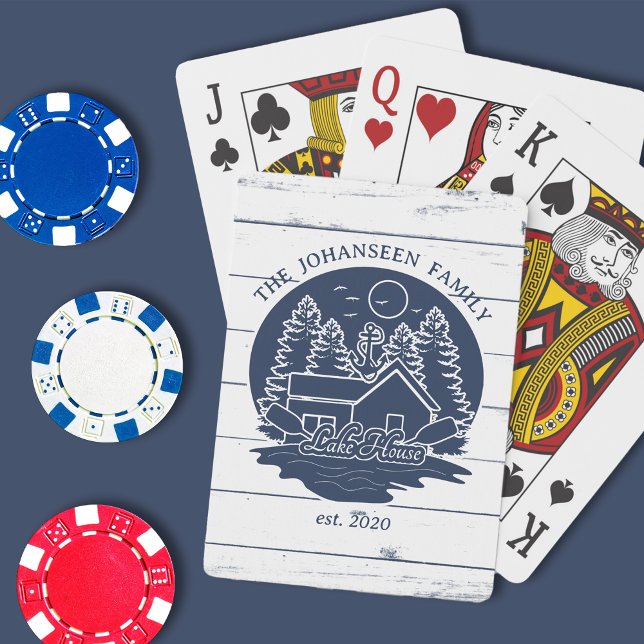 Navy Blue White Rustic Wood Lake House Family Name Poker Cards (Creator Uploaded)