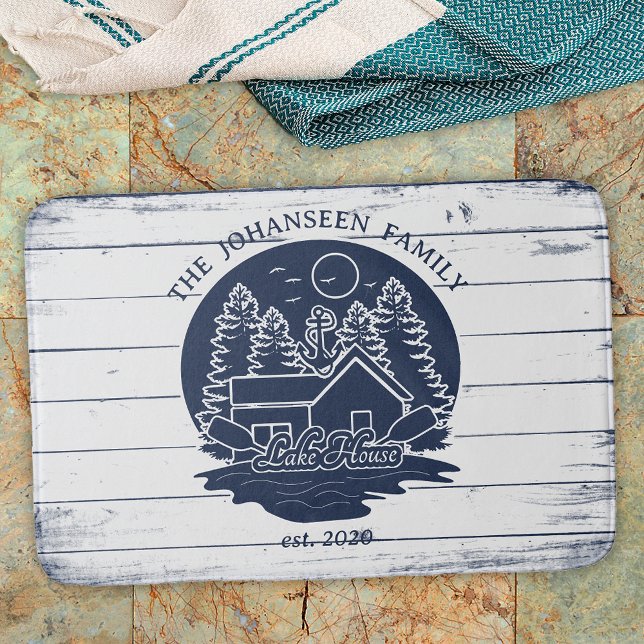 Navy Blue & White Rustic Wood Nautical Lake House Bath Mat (Creator Uploaded)