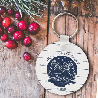 Navy Blue & White Rustic Wood Nautical Lake House Keychain