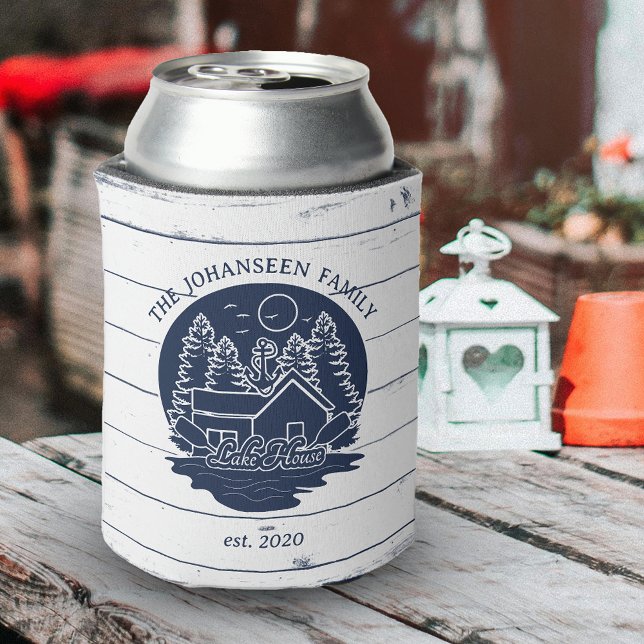 Navy Blue White Rustic Wood Oars Family Lake House Can Cooler (Creator Uploaded)