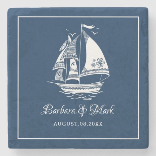 Navy_blue  white sailing boat stone coaster