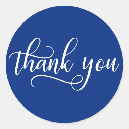 NAVY BLUE White Script Calligraphy Thank You Classic Round Sticker