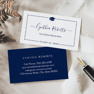 Navy Blue White Script Graduation Business Card