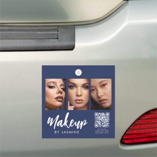 Navy Blue White Script Logo QR Code Photo Makeup Car Magnet