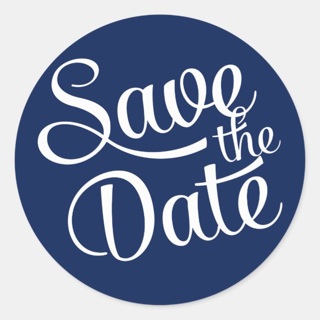 Navy Blue White Script Save the Date Classic Round Sticker (Front)