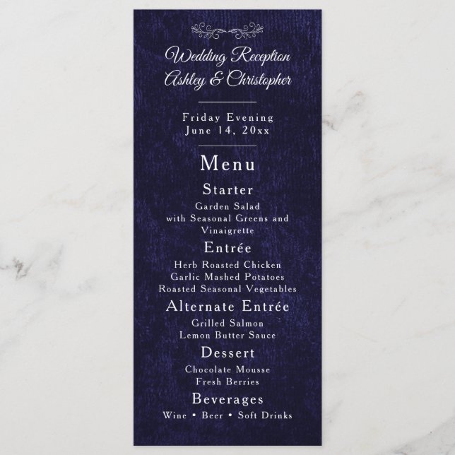 Navy Blue White Script Wedding Reception  Menu (Front)
