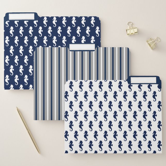 Navy Blue White Seahorse Pattern File Folder (Set)