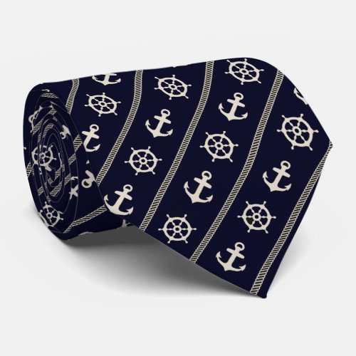 Navy Blue White Ship Wheel Nautical Anchor Sailor Neck Tie