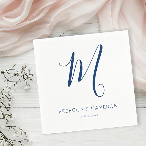 Navy Blue  White Simple Elegant Monogram Wedding Napkins