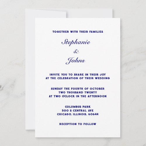 Navy Blue White Simple Minimal Elegant Wedding Invitation