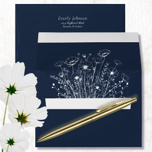 Navy Blue White Simple Wildflower Floral Wedding Envelope