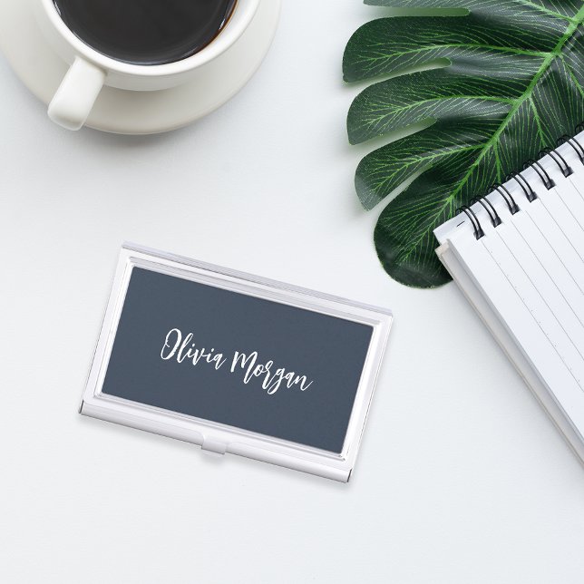 Navy Blue & White Sketched Cursive Script Business Card Case (Creator Uploaded)