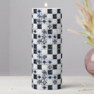 Navy Blue White Small Tile Pattern Pillar Candle