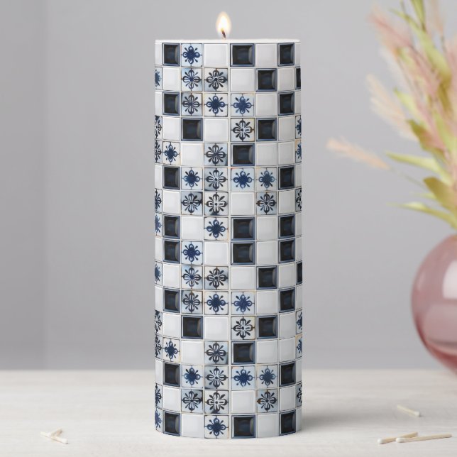 Navy Blue White Small Tile Pattern Pillar Candle (In Situ)