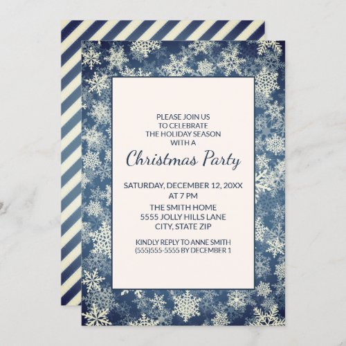 Navy Blue White Snowflakes Christmas Holiday Party Invitation