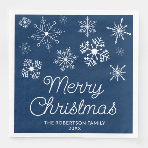 Navy Blue White Snowflakes Christmas Party Paper Dinner Napkins