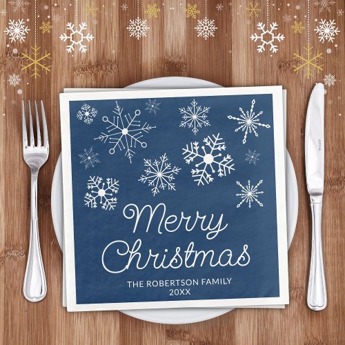 Navy Blue White Snowflakes Christmas Party Paper Dinner Napkins