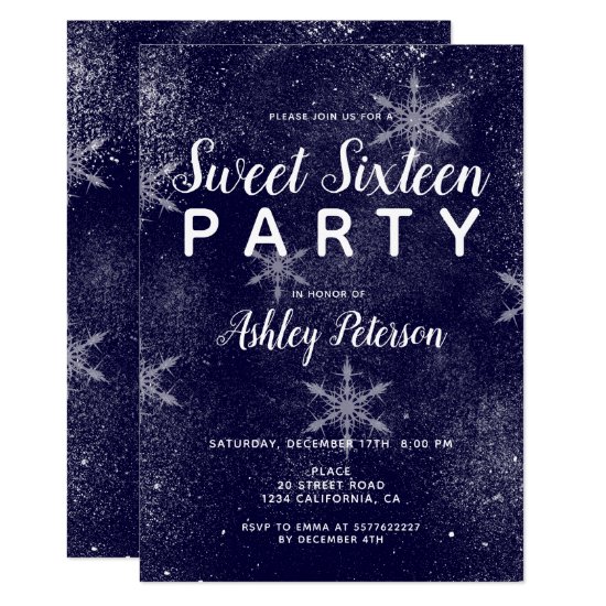 Navy blue white snowflakes winter sweet 16 invitation