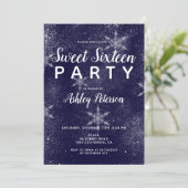Navy blue white snowflakes winter sweet 16 invitation (Standing Front)