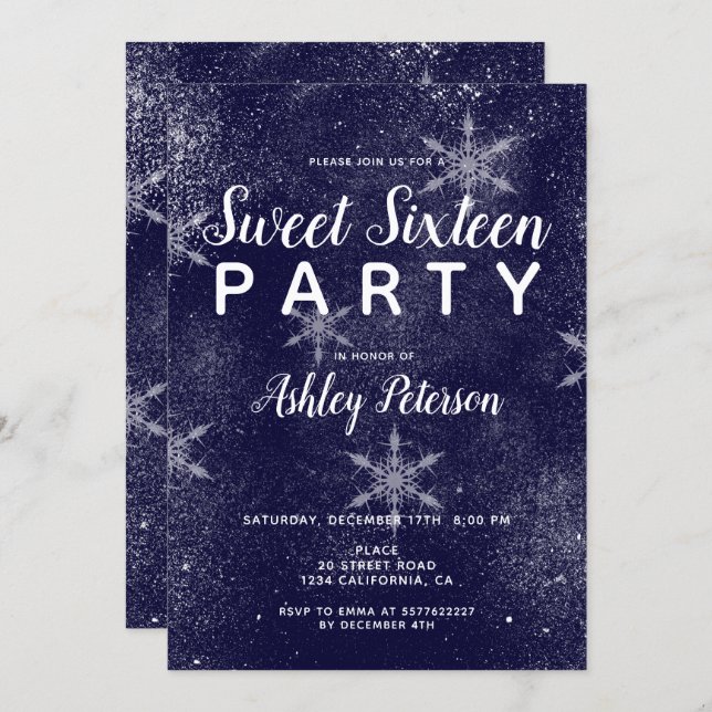 Navy blue white snowflakes winter sweet 16 invitation (Front/Back)