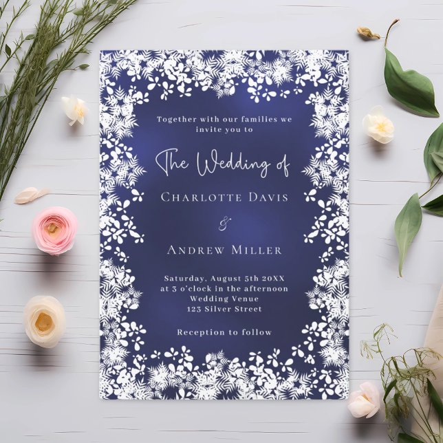 Navy blue white snowflakes winter wedding invitation (Creator Uploaded)