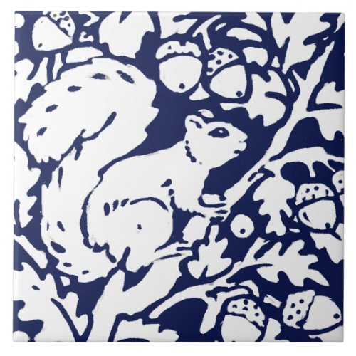 Navy Blue White Squirrel Woodland Animal Foliage Ceramic Tile