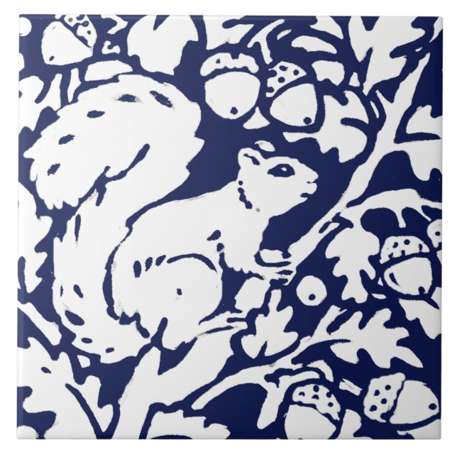 Navy Blue White Squirrel Woodland Animal Foliage Ceramic Tile (Front)