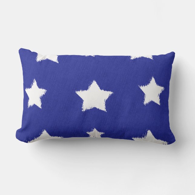Navy Blue White Star Folk Outdoor Lumbar Pillow (Front)