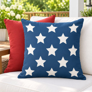Navy Blue White Star Pattern Patriotic Outdoor Pillow